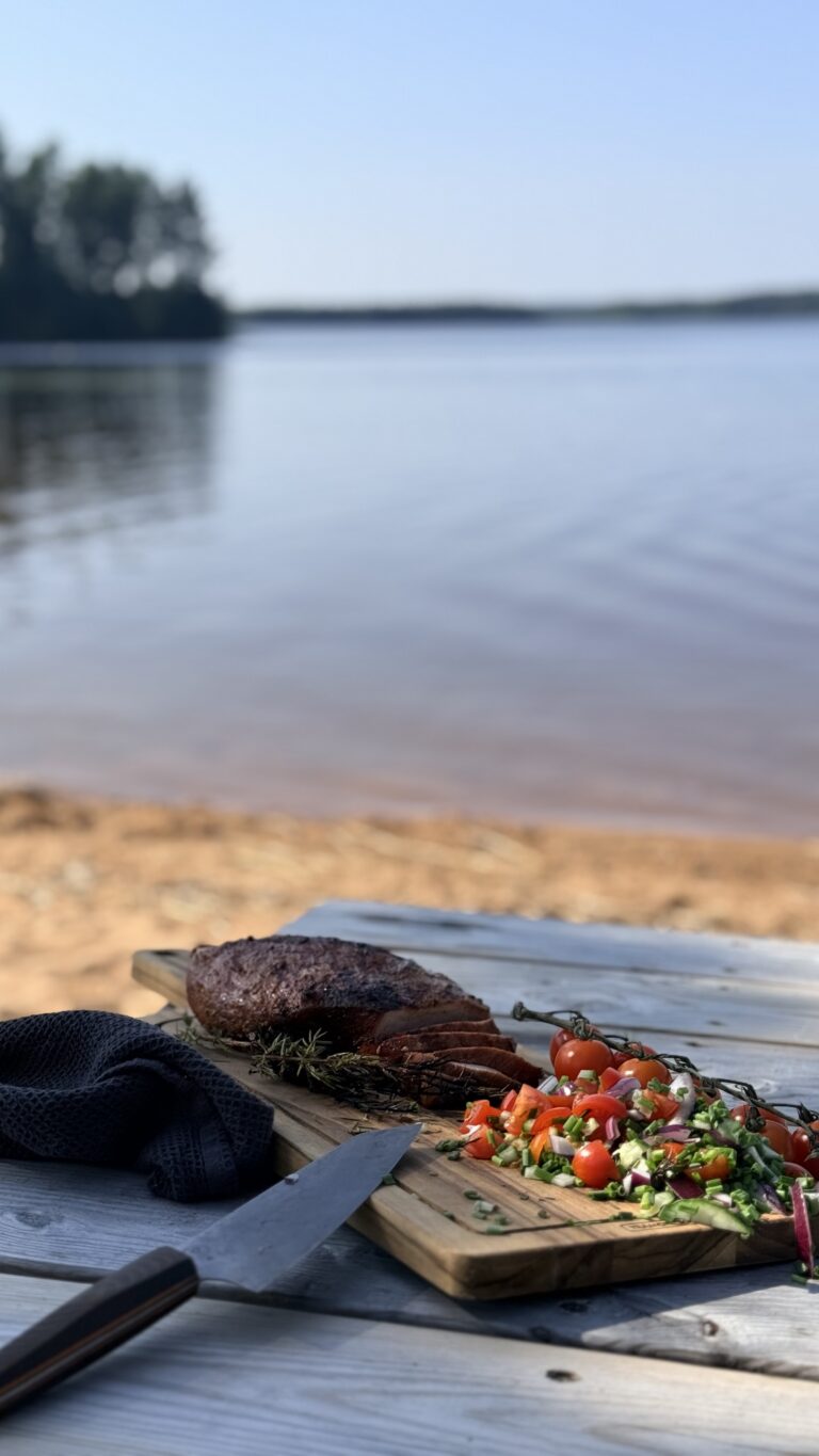 Gegrild vlees met tomatensalsa aan het meer
