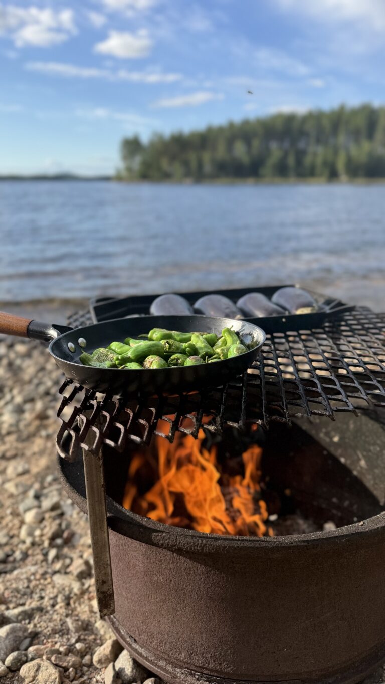 Koken op het vuur aan de oever van het meer